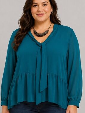Teal Tie-Neck Peplum Blouse - Women